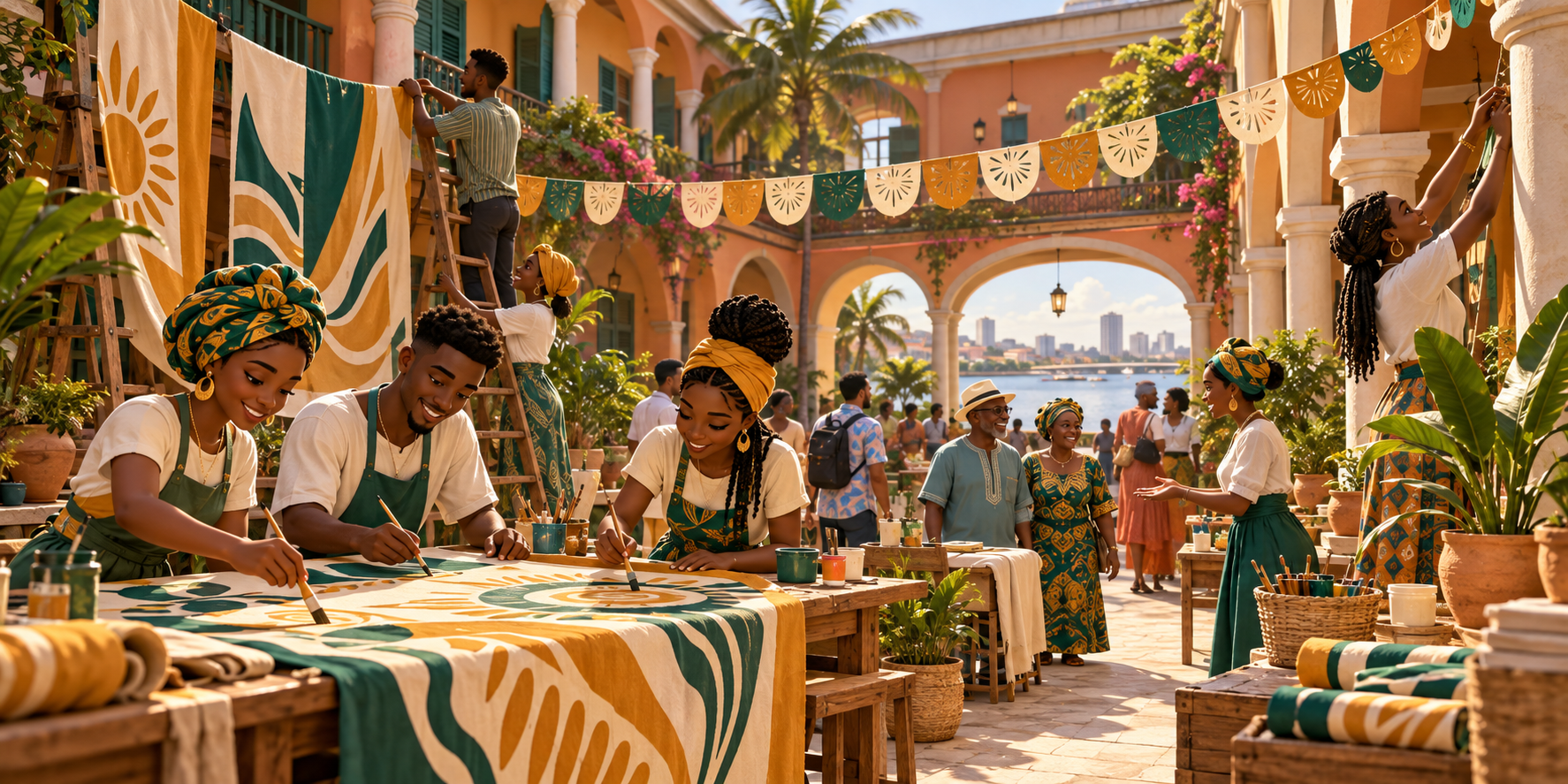 Volunteers painting lagoon-green and gold banners together in a sunny courtyard